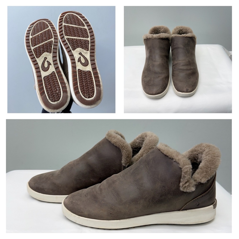 Olukai Malua Hulu Brown Leather Shearling Wool Lined Booties Shoes Womens 9